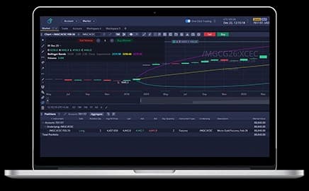 Auf dem Bildschirm eines MacBook Pro ist die Benutzeroberfläche einer Terminhandelsplattform mit Live-Marktcharts und Handelswerkzeugen zu sehen.