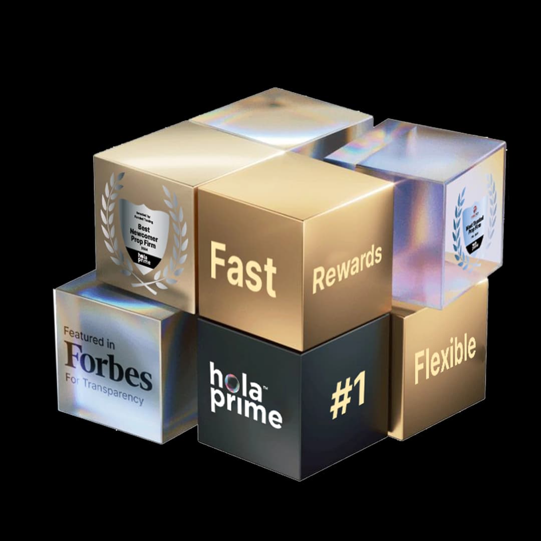 Übereinander gestapelte Metallwürfel mit Aufschriften wie „Fast“, „Rewards“, „Flexible“, „#1“ und dem Hola Prime-Logo sowie Auszeichnungsabzeichen und einem „Featured in Forbes“-Zeichen, die für die wichtigsten Werte und Auszeichnungen der Partner stehen.