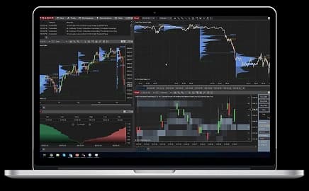 Auf dem Bildschirm eines MacBook Pro ist die Benutzeroberfläche einer Terminhandelsplattform mit Live-Marktcharts und Handelswerkzeugen zu sehen.