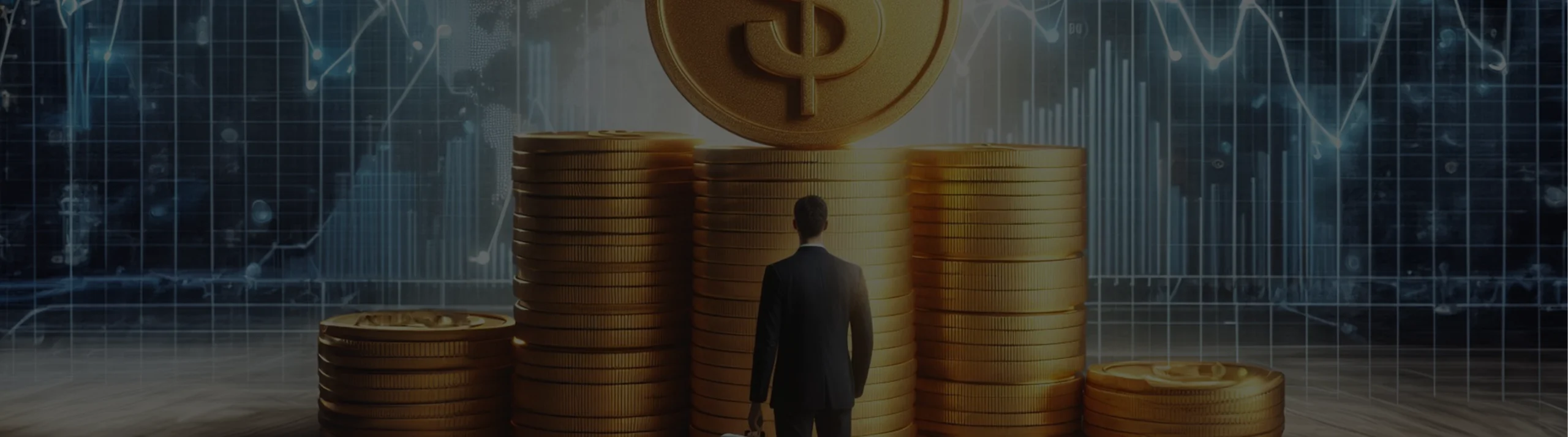 Man in suit stands before giant gold coins and dollar symbol; represents funded trading, prop firms, and trading success.
