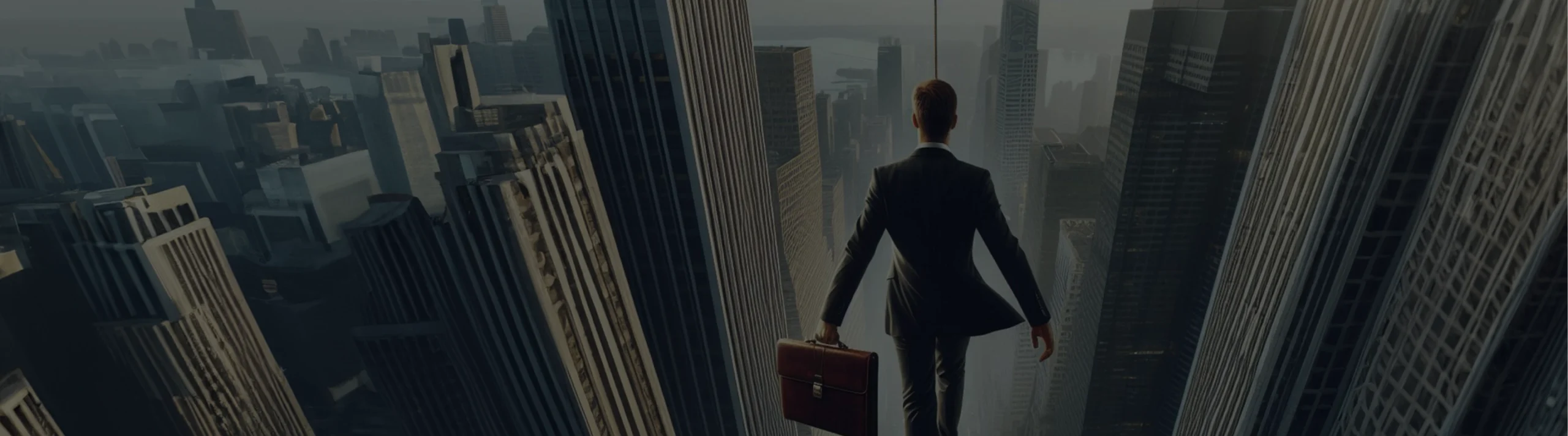 A businessman in a suit confidently walking alone above a city, illustrating determination and focus in the corporate world