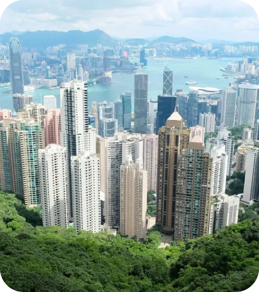 Tall buildings and skyscrapers seen from a green hilltop with water and more city buildings in the background.
