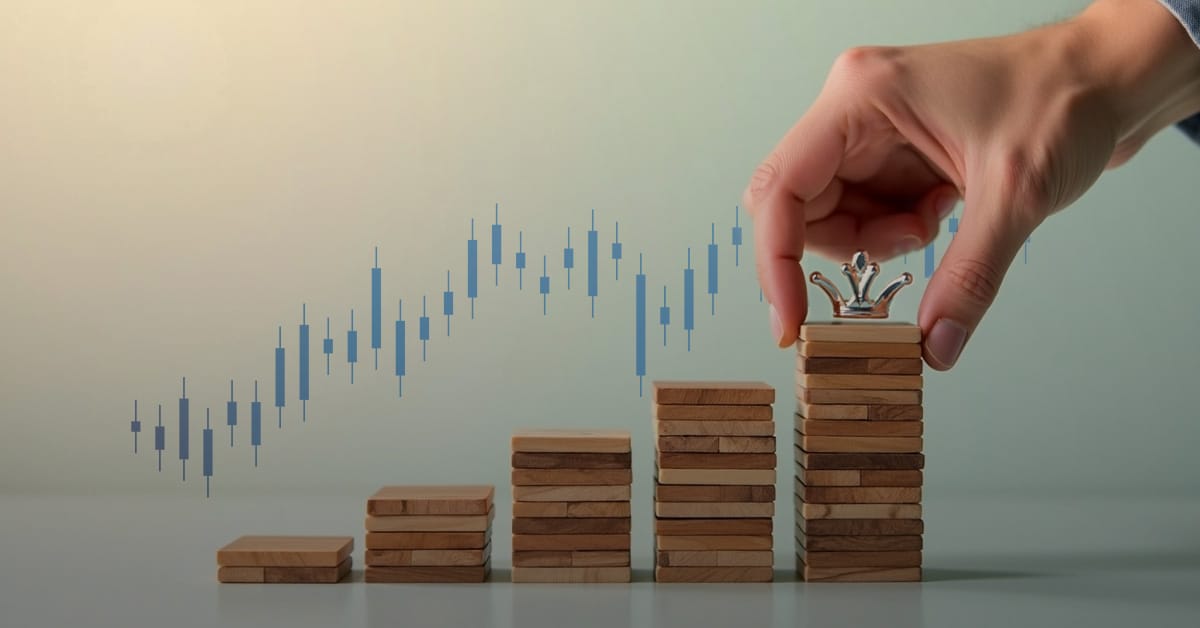 Hand places a chess king on stacked blocks with a rising stock chart, symbolizing success and growth.