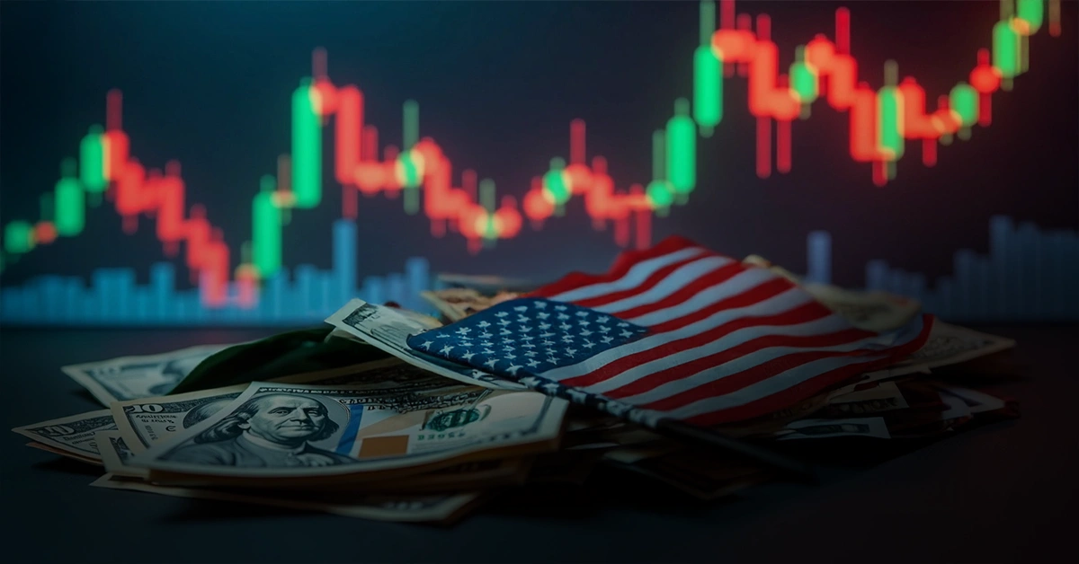 U.S. flag on dollar bills with a candlestick chart in the background