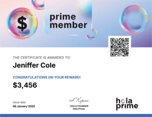 Hola Prime Payout Reward Certificate for Jeniffer Cole
