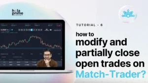 Man on screen of laptop showing TradingView chart; tutorial on how to modify and partially close open trades on Match-Trader trading platform.