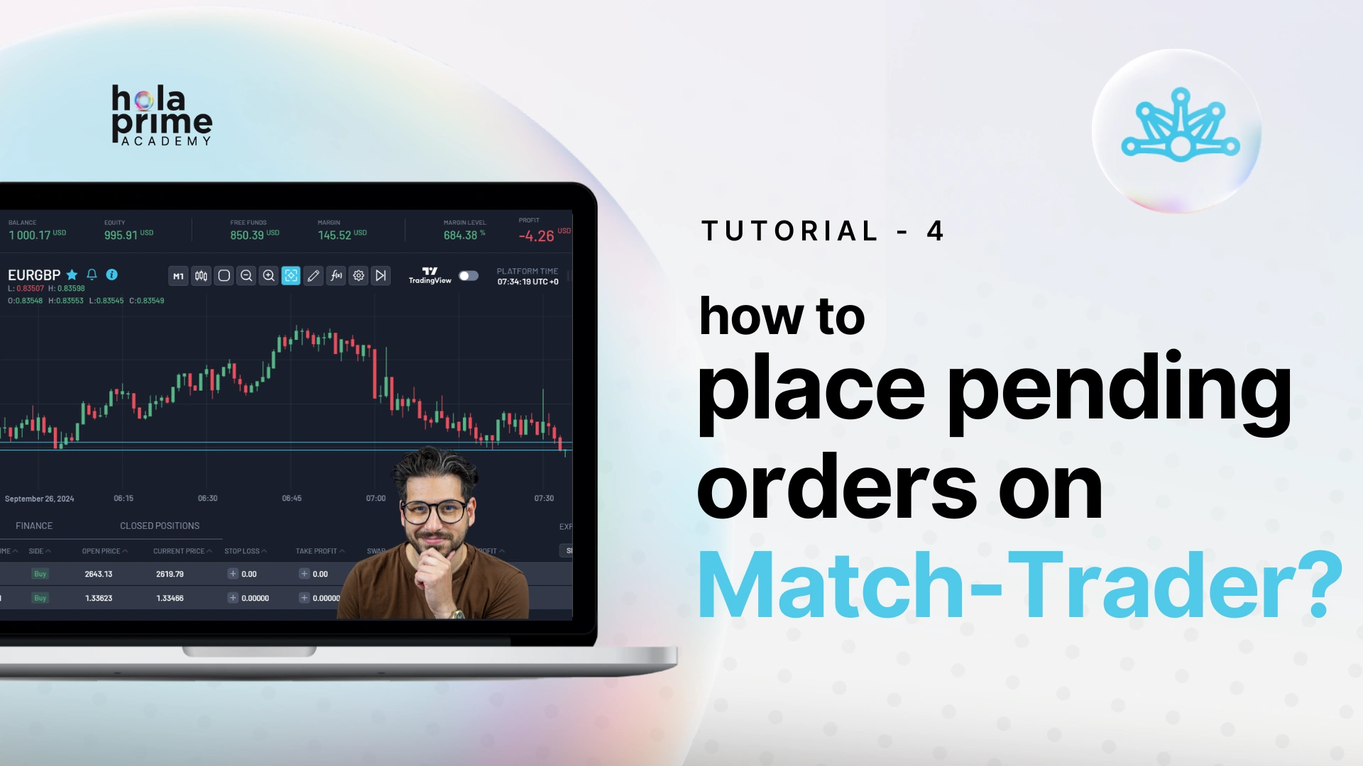 Man on screen of laptop showing TradingView chart; tutorial on how to place pending orders on match trader trading platform.