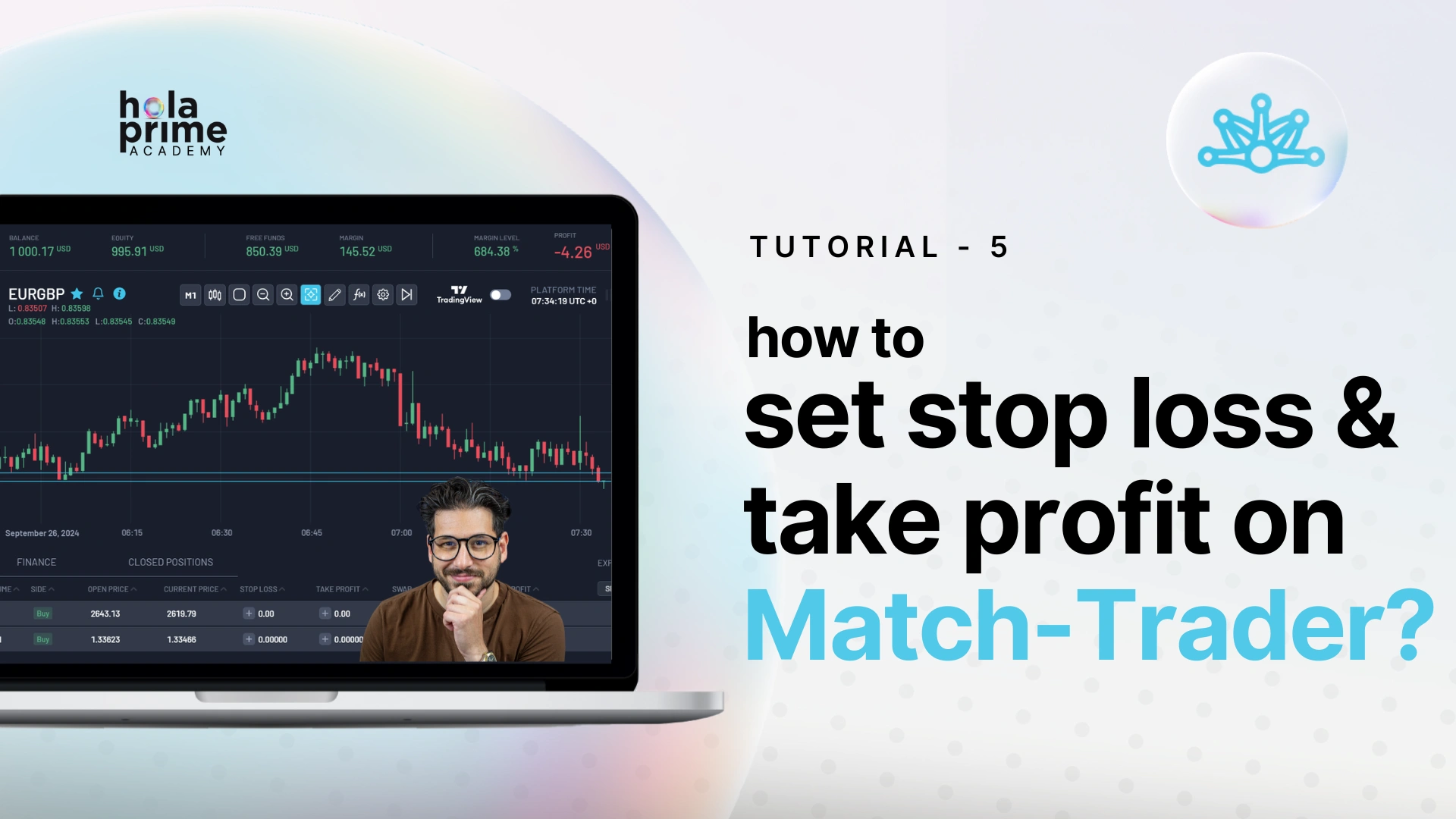 Man on screen of laptop showing TradingView chart; tutorial on how to set stop loss and take profit on Match-Trader trading platform.