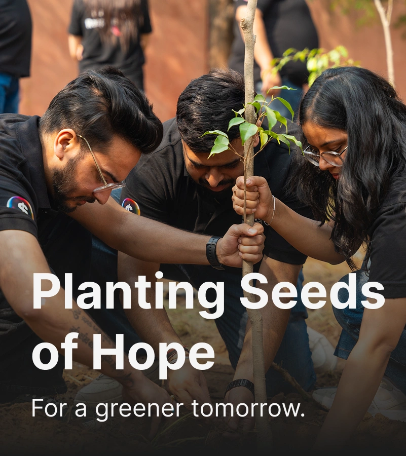 Three people are planting a young tree together, with an overlaid text that reads: 'Planting Seeds of Hope – For a greener tomorrow.'