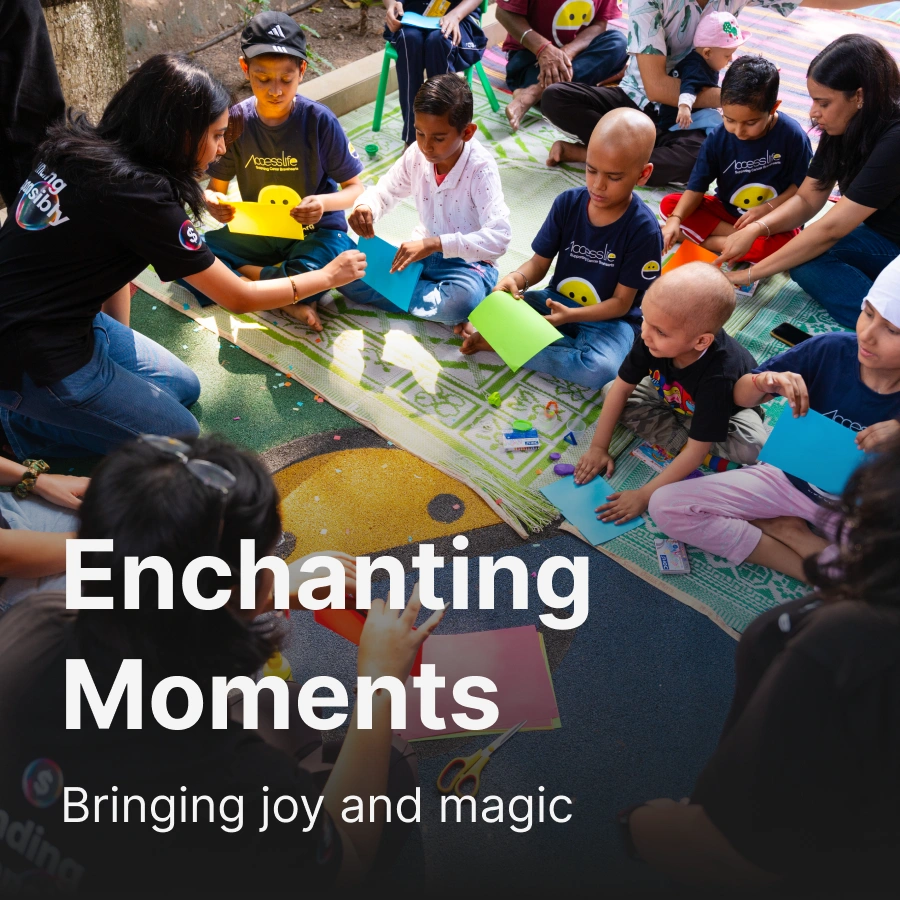 Volunteers wearing black t-shirts doing some creative activity with young kids with an overlaid text " Enchanting moments bringing joy and music".
