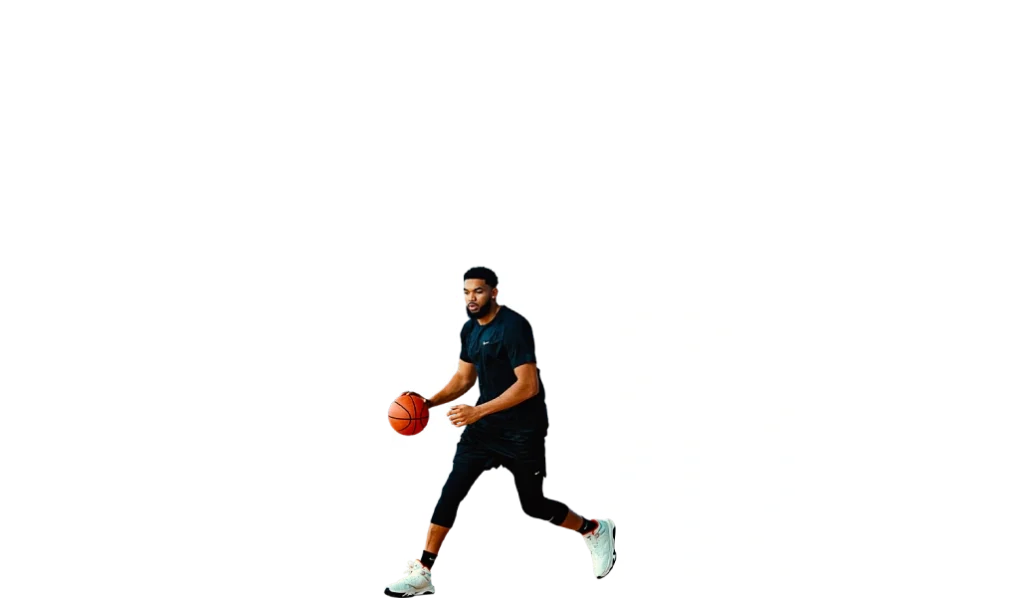 Basketball player dribbling in front of bold text reading Kat's Playoff-1.