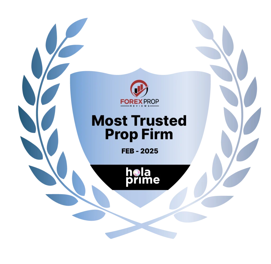 Award badge from Forex Prop Reviews recognizing Hola Prime as the "Most Trusted Prop Firm" for February 2025, displayed on a blue shield with laurel wreath design.