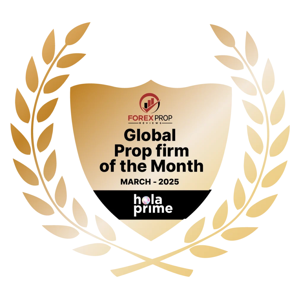Recognition emblem for Hola Prime as the "Global Prop Firm of the Month" in March 2025 by Forex Prop Reviews, featuring a gold shield and laurel branches.