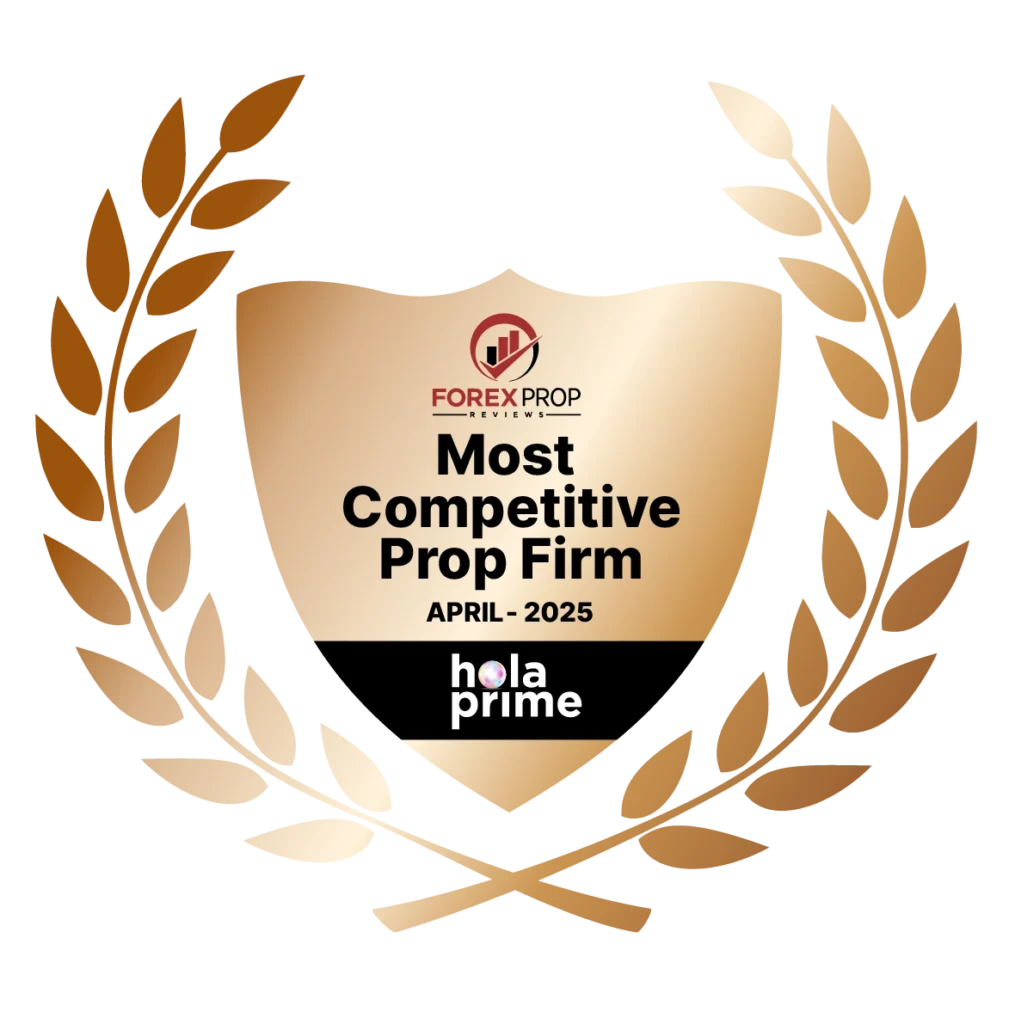 Elegant prop trading award with bronze-tinted laurels, acknowledging Hola Prime as the 'Most Competitive Prop Firm' in April 2025, issued by Forex Prop Reviews.