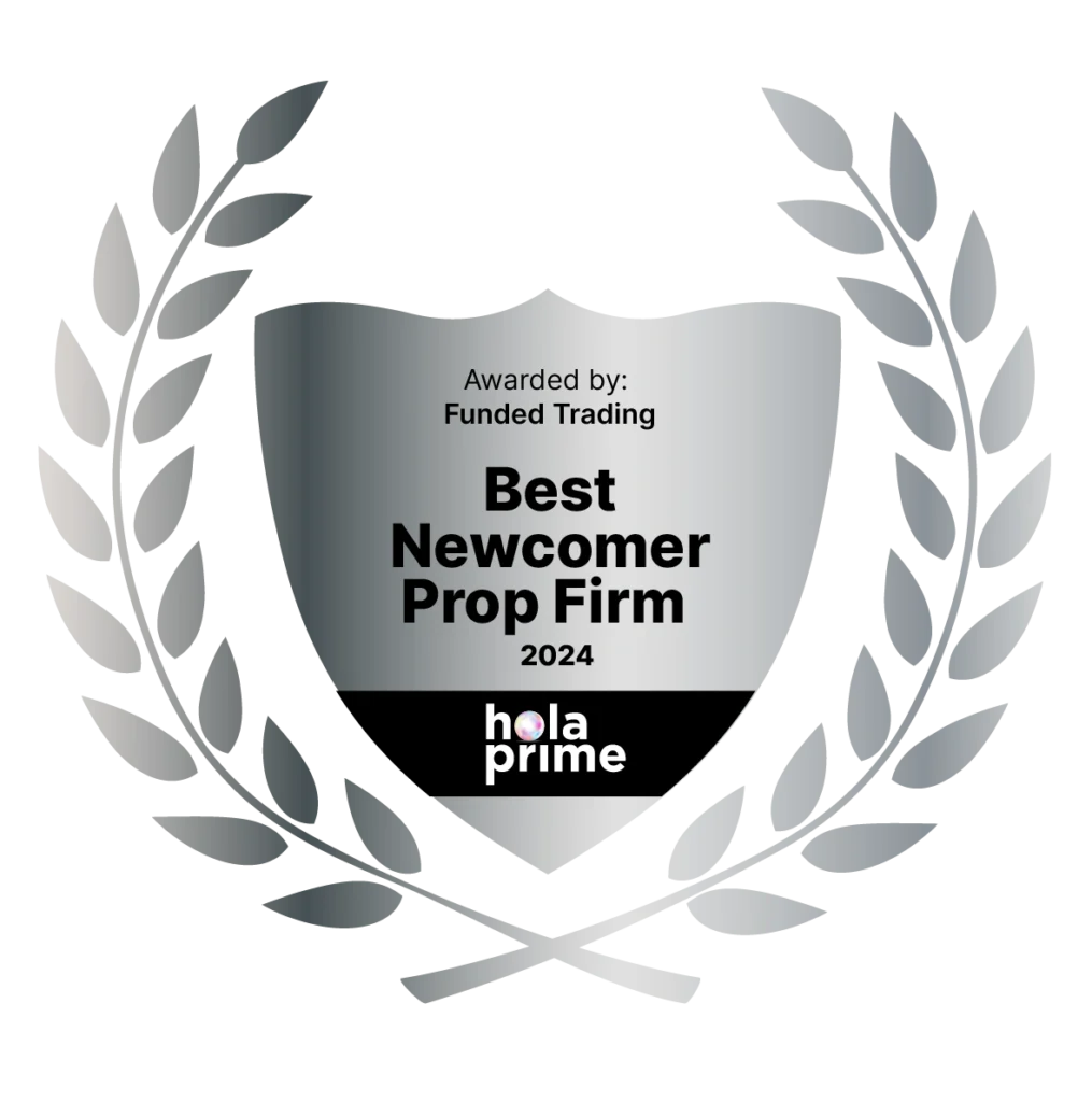 Silver laurel wreath surrounding a shield with text that reads 'Awarded by: Funded Trading, Best Newcomer Prop Firm 2024' and 'hola prime' logo at the bottom