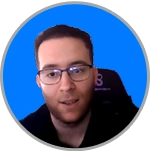 Smiling day trader wearing spectacles on blue background