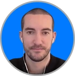 Day trader wearing earphones, smiling with blue background