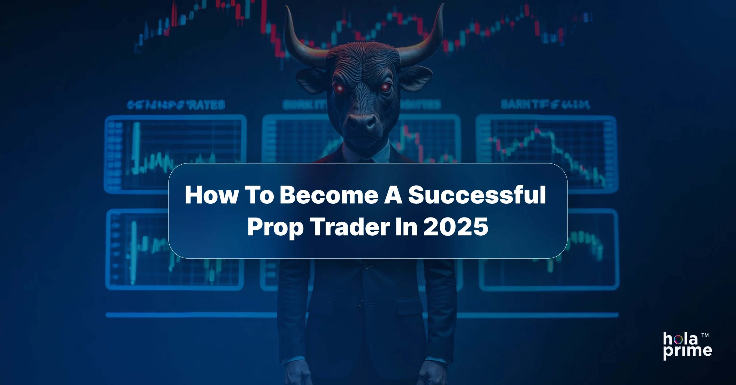 Illustration of a person in a suit wearing a bull mask, standing in front of multiple trading charts with candlestick patterns. Text overlay reads: 'How To Become A Successful Prop Trader In 2025.' Hola Prime logo in the bottom right corner