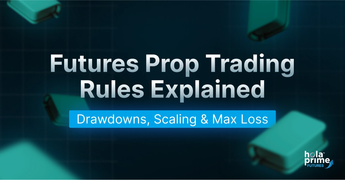 Graphic with title Futures prop firm trading rules explained, drawdowns, scaling, and max loss with Hola Prime Futures Logo on the right bottom.
