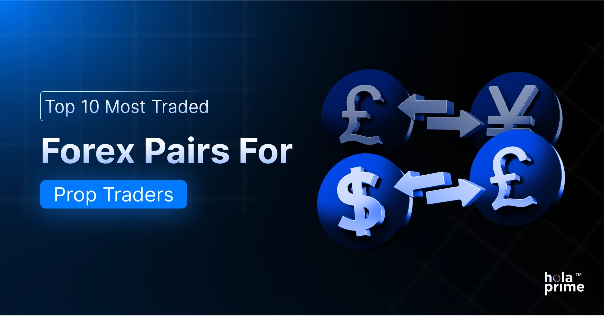 Infographic with title, top 10 most traded forex pairs for prop traders with different currency logos. Hola Prime logo is placed at the bottom right corner.