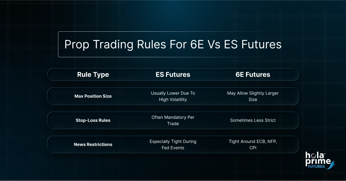 Graphic with title, prop trading rules for 6E vs ES Futures and has Hola Prime Futures Logo on the bottom right.