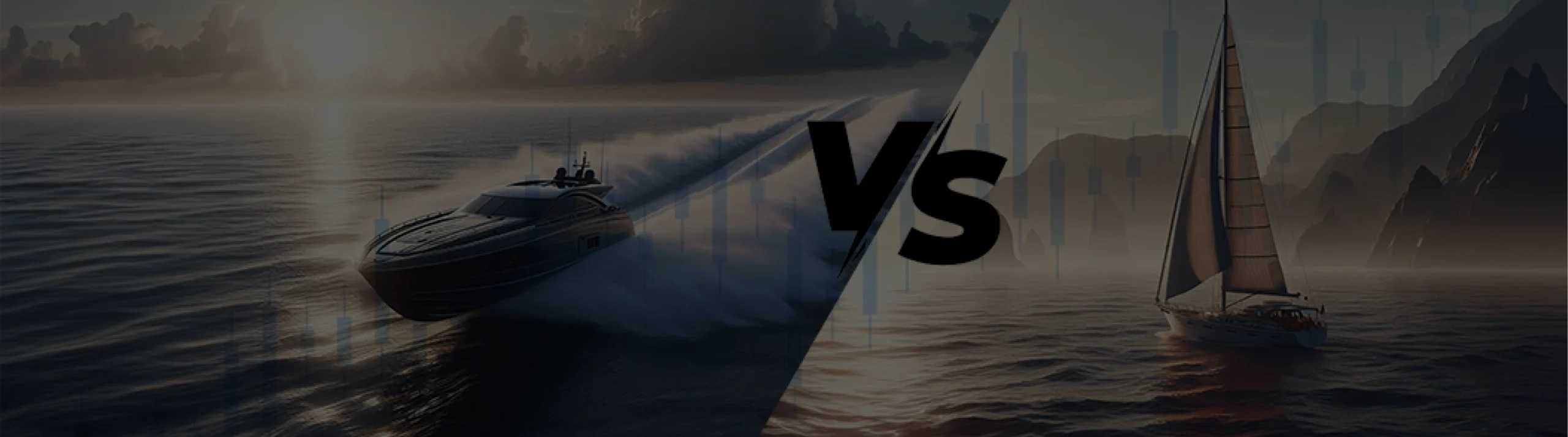 Speedboat vs sailboat on the ocean at sunset.